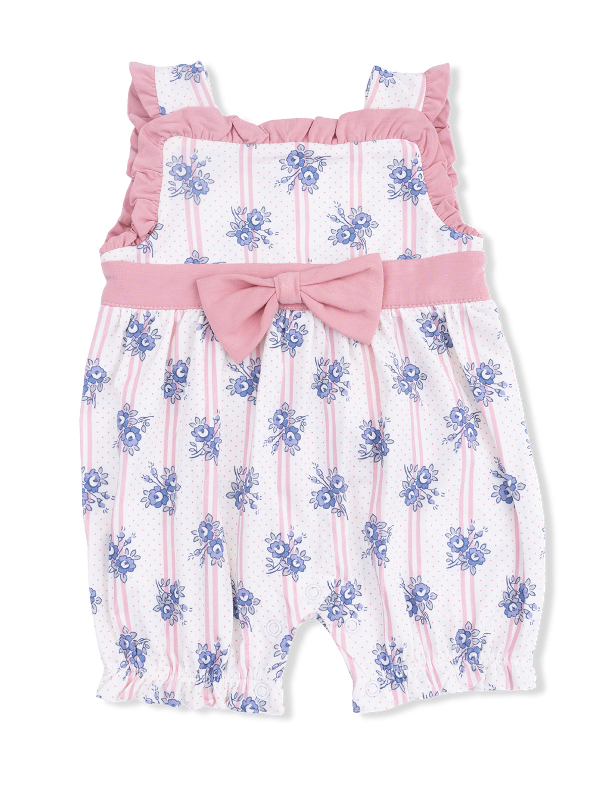 Floral patterned baby romper with ruffled straps and a pink bow at the waist, featuring white and pink stripes.