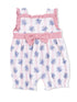 Floral patterned baby romper with ruffled straps and a pink bow at the waist, featuring white and pink stripes.