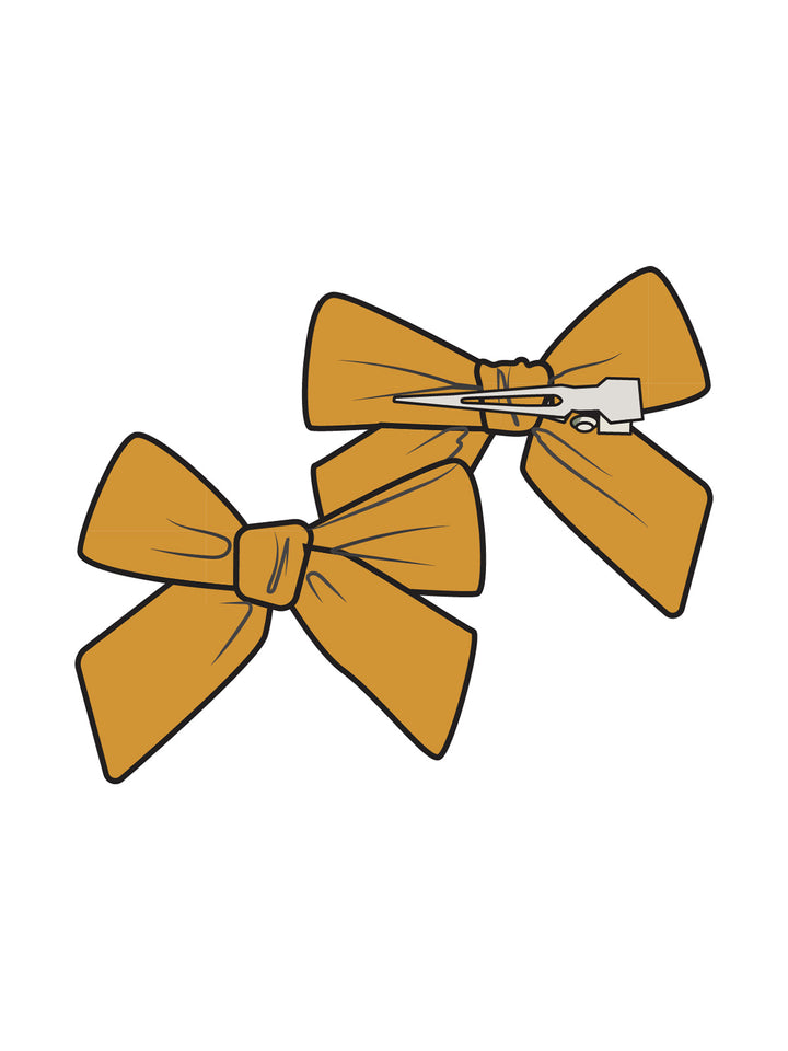 Two yellow hair bows with clips on a white background.
