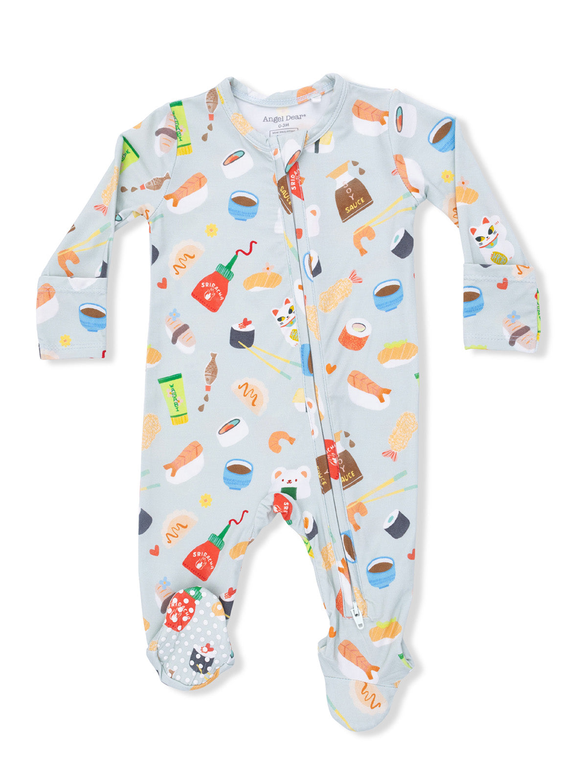 Infant pajama set with fun food print, featuring sushi, sauces, and snacks on a light blue background.