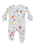 Infant pajama set with fun food print, featuring sushi, sauces, and snacks on a light blue background.