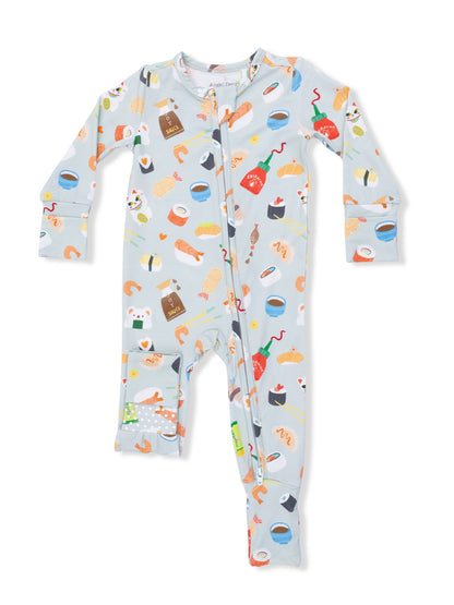 Playful baby onesie with a food-themed print, featuring sushi, sauces, and snacks on a light blue background.