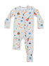 Playful baby onesie with a food-themed print, featuring sushi, sauces, and snacks on a light blue background.