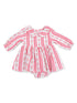 Pink striped baby dress with floral accents and a large collar, perfect for spring outings.