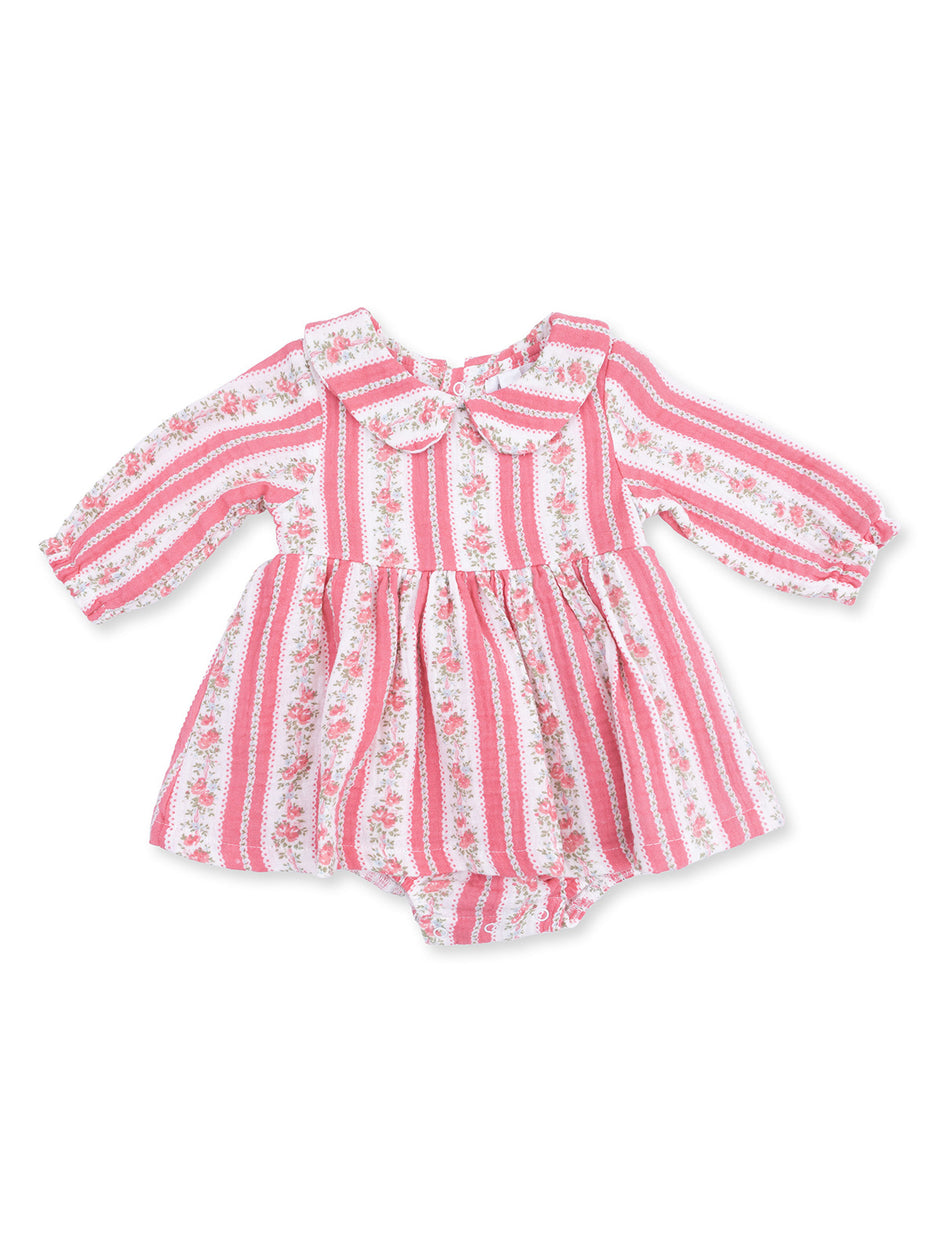 Pink striped baby dress with floral accents and a large collar, perfect for spring outings.