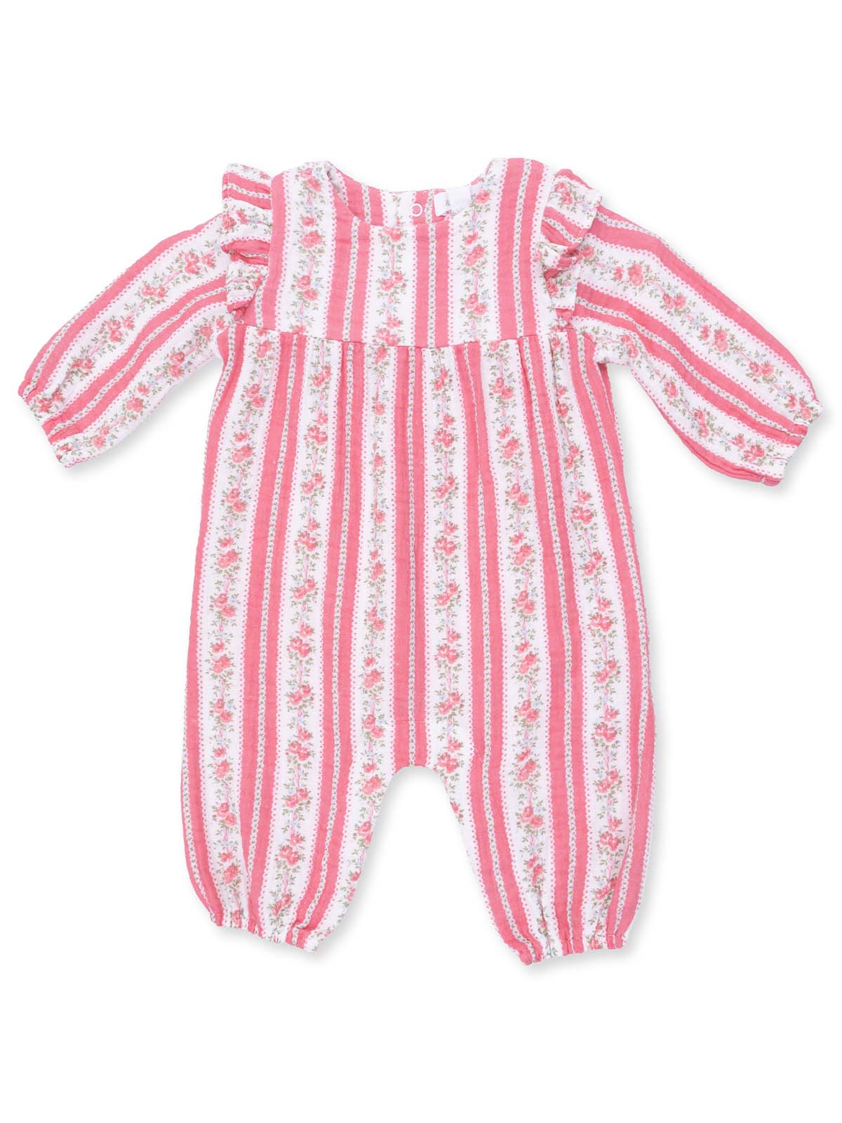 Pink striped baby romper with floral accents and ruffled sleeves. Perfect for casual or special occasions.