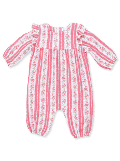 Pink striped baby romper with floral accents and ruffled sleeves. Perfect for casual or special occasions.