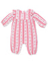 Pink striped baby romper with floral accents and ruffled sleeves. Perfect for casual or special occasions.