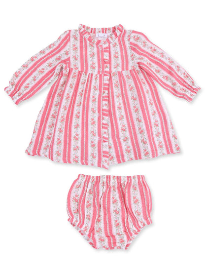 Pink and white striped baby dress with floral print, accompanied by matching bloomers.