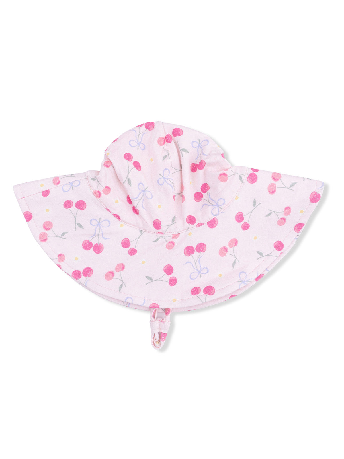 Light pink sun hat with cherry and bow pattern, designed for children's sun protection.