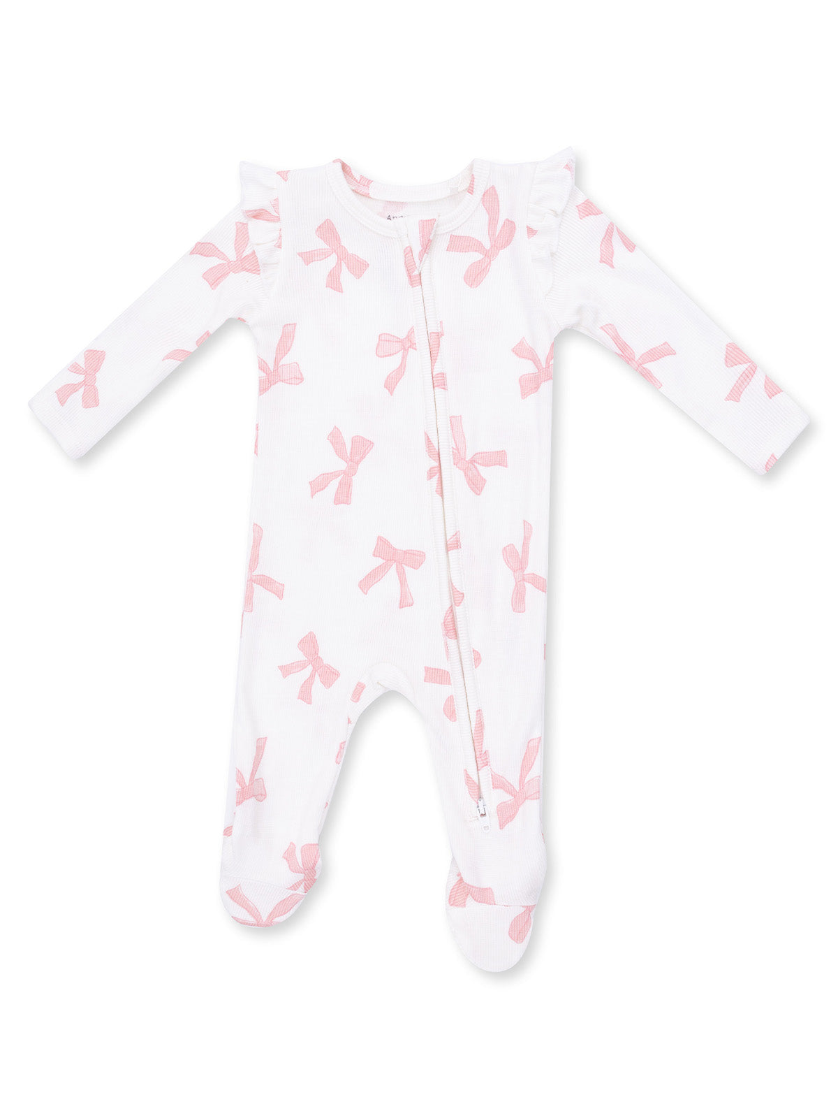 White infant onesie with pink bow prints and ruffled sleeves, featuring a front zipper and footed design.