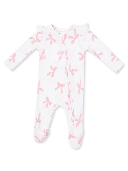 White infant onesie with pink bow prints and ruffled sleeves, featuring a front zipper and footed design.