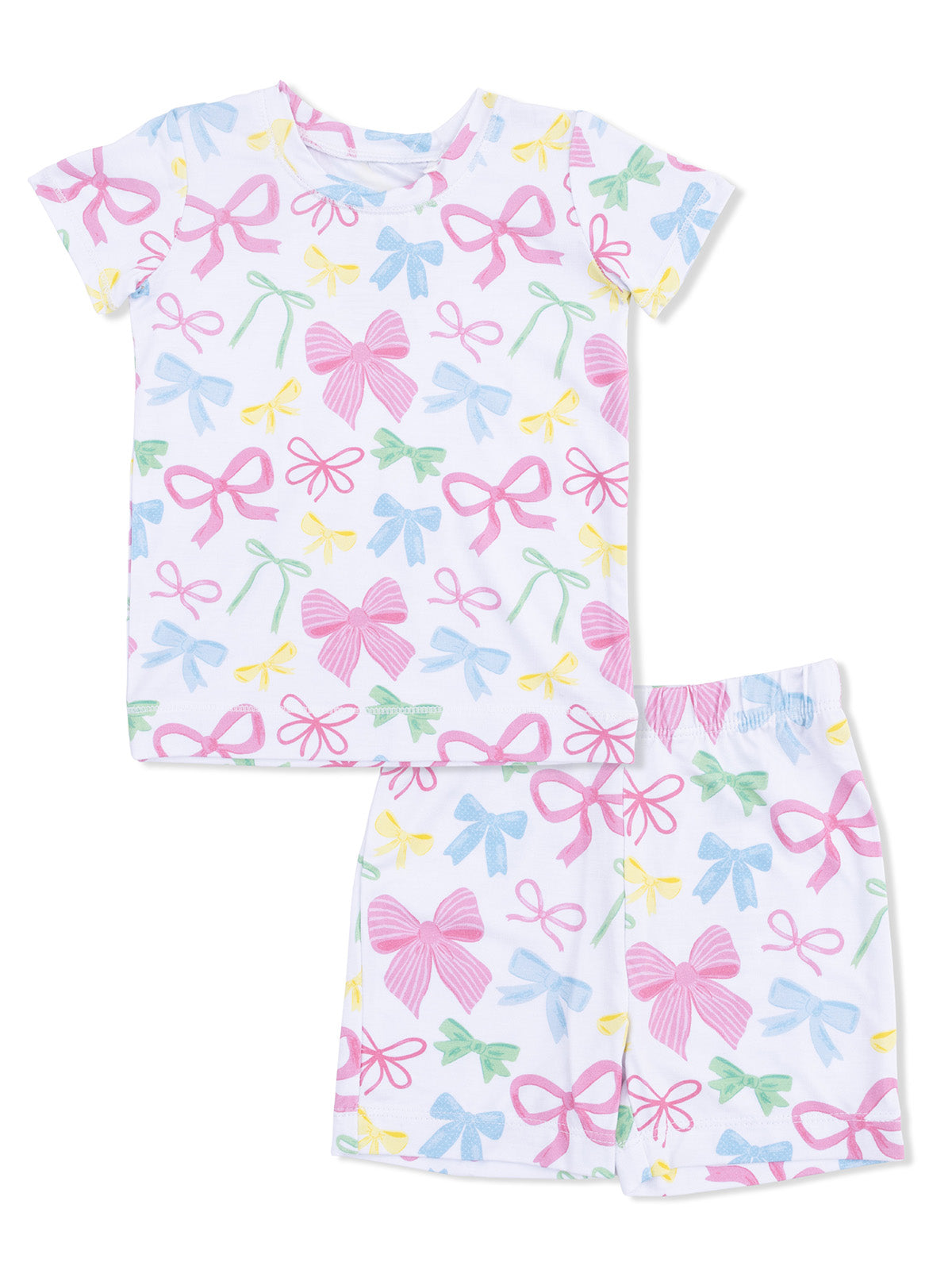 Children's pajama set featuring a white background with colorful bows in pink, blue, green, and yellow patterns.