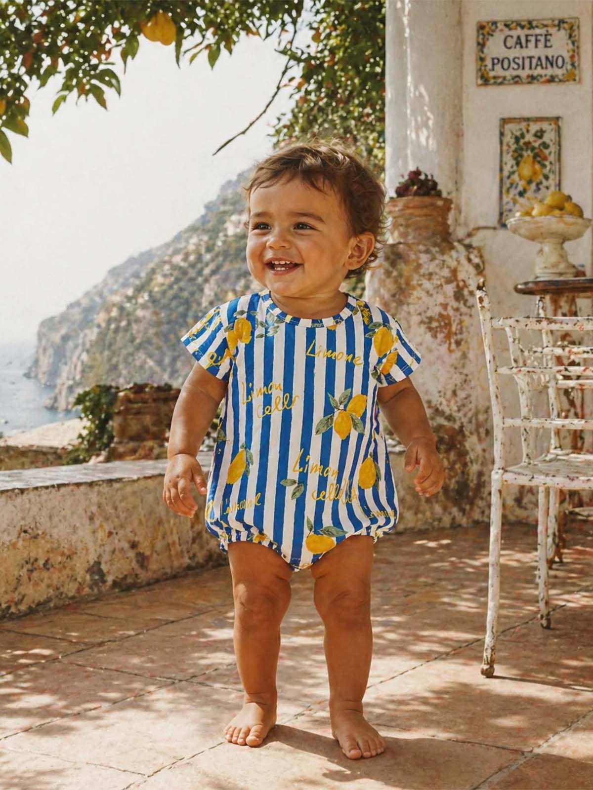 Smiling toddler in a lemon-patterned outfit stands outside in a sunlit, Mediterranean setting.