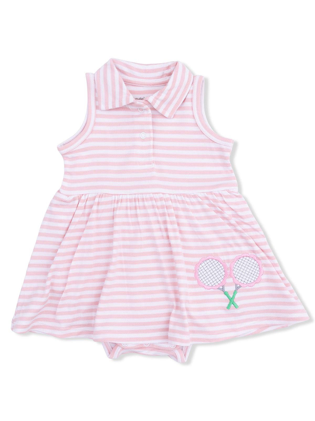 Pink striped dress with a collar and tennis racket embroidery on the skirt. Suitable for young children.