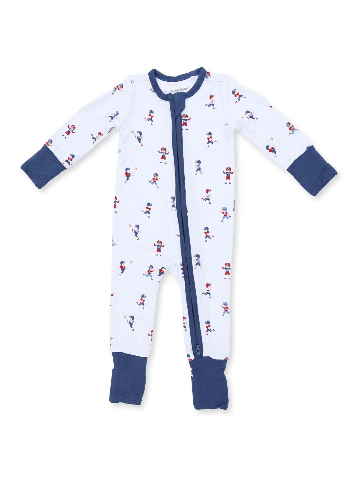 White children's onesie featuring various playful sports characters, long sleeves, and a zipper front.