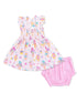 Girls' sundress with ice cream and heart patterns, paired with matching pink shorts.