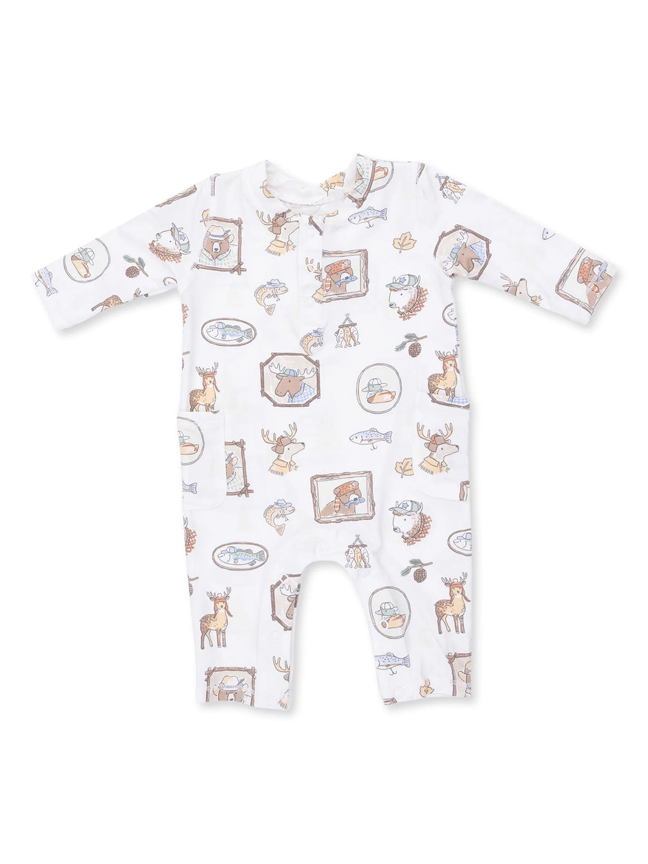 White baby onesie with whimsical animal and nature illustrations, featuring deer, fish, and seasonal elements.