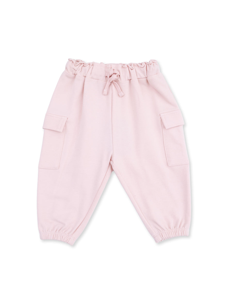 Light pink jogger pants with elastic waistband and side pockets. Ideal for casual or comfortable wear.