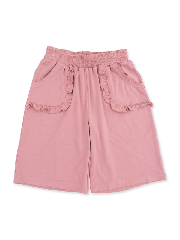 Light pink shorts with ruffled pockets and an elastic waistband, ideal for casual wear.