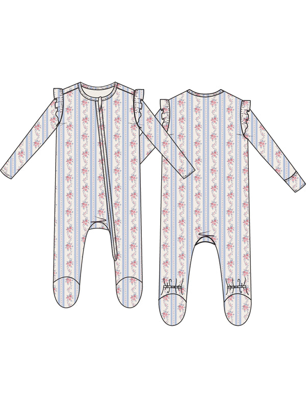 Floral-patterned baby onesie with ruffled sleeves, front zipper, and footed design.
