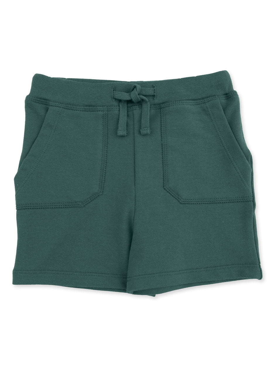 Green children's shorts with a drawstring and two front pockets. Casual and comfortable design for warm weather.