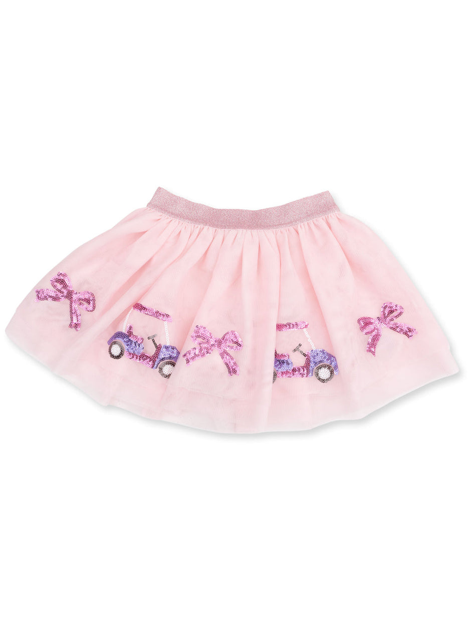 Pink skirt with sequined tractor and bow designs, featuring a soft elastic waistband. Perfect for playful outfits.