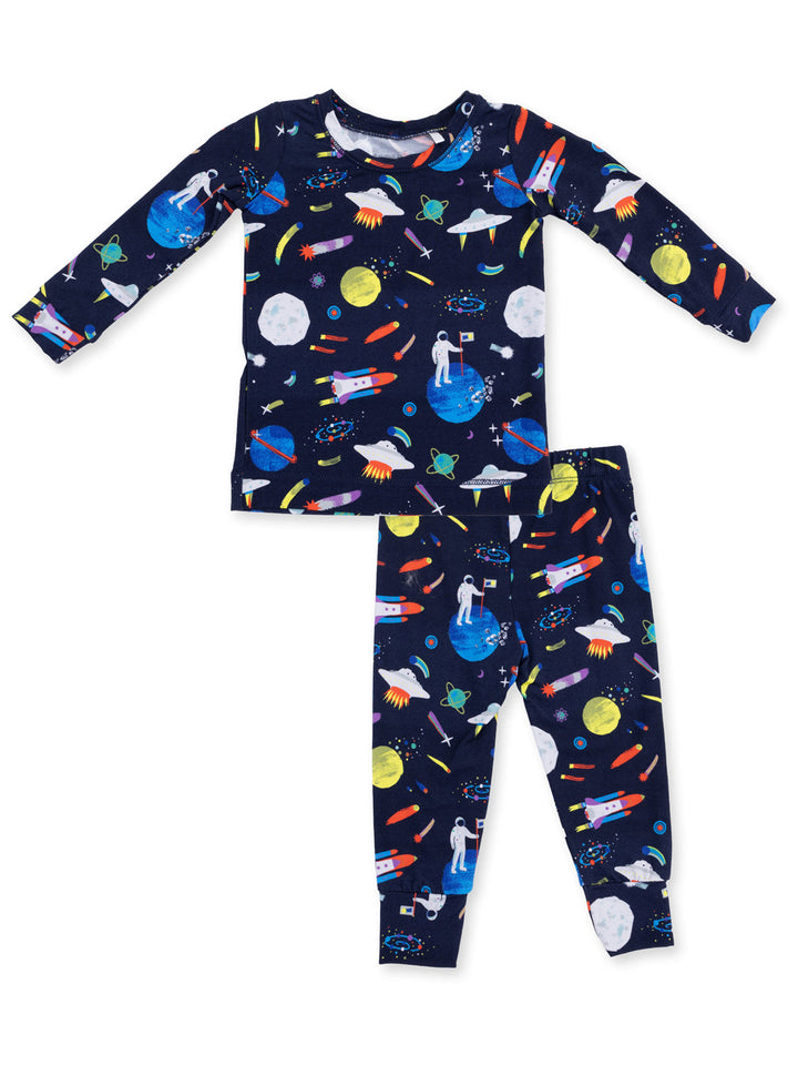 Navy pajama set featuring space-themed prints of planets, rockets, and astronauts for kids.