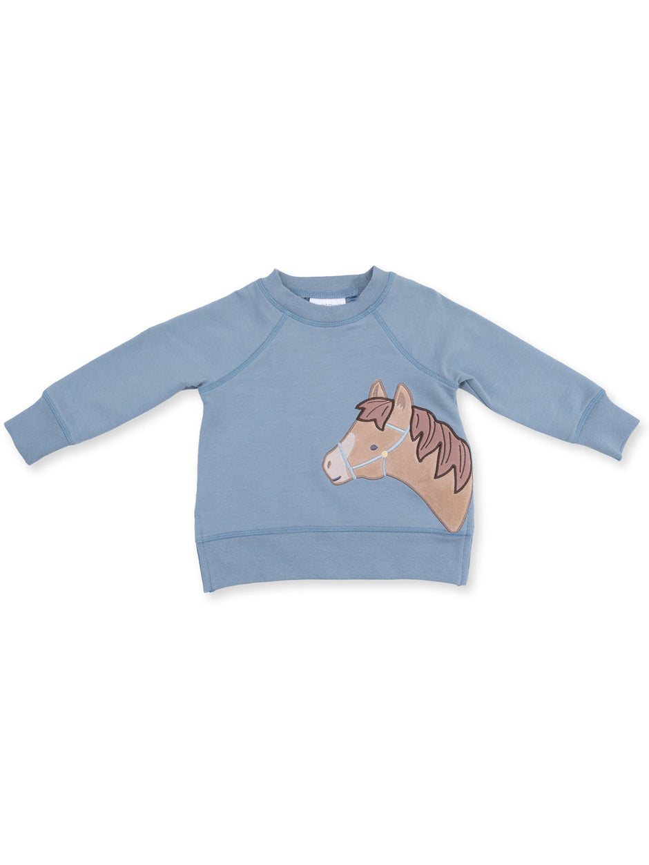 Light blue sweatshirt for kids featuring a horse illustration on the front. Perfect for young horse enthusiasts.