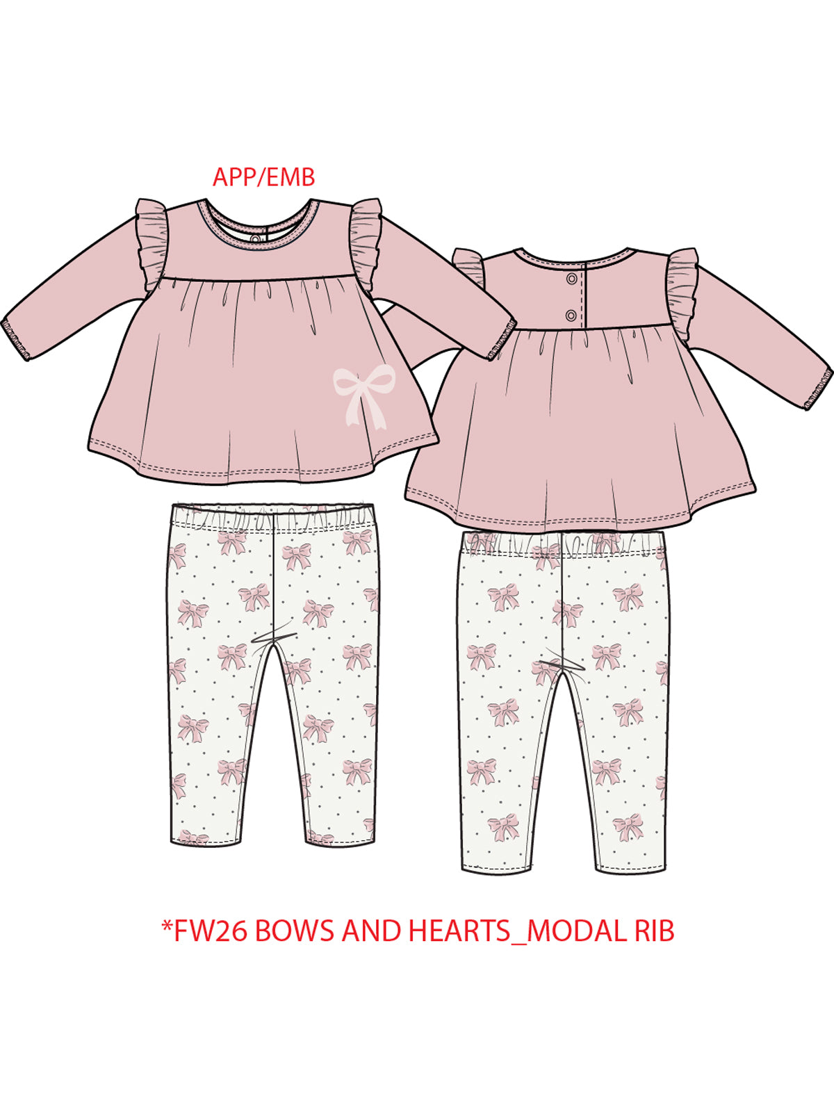 Long Sleeve Sweatshirt with Ruffles and Leggings, Veiled Pink Bows