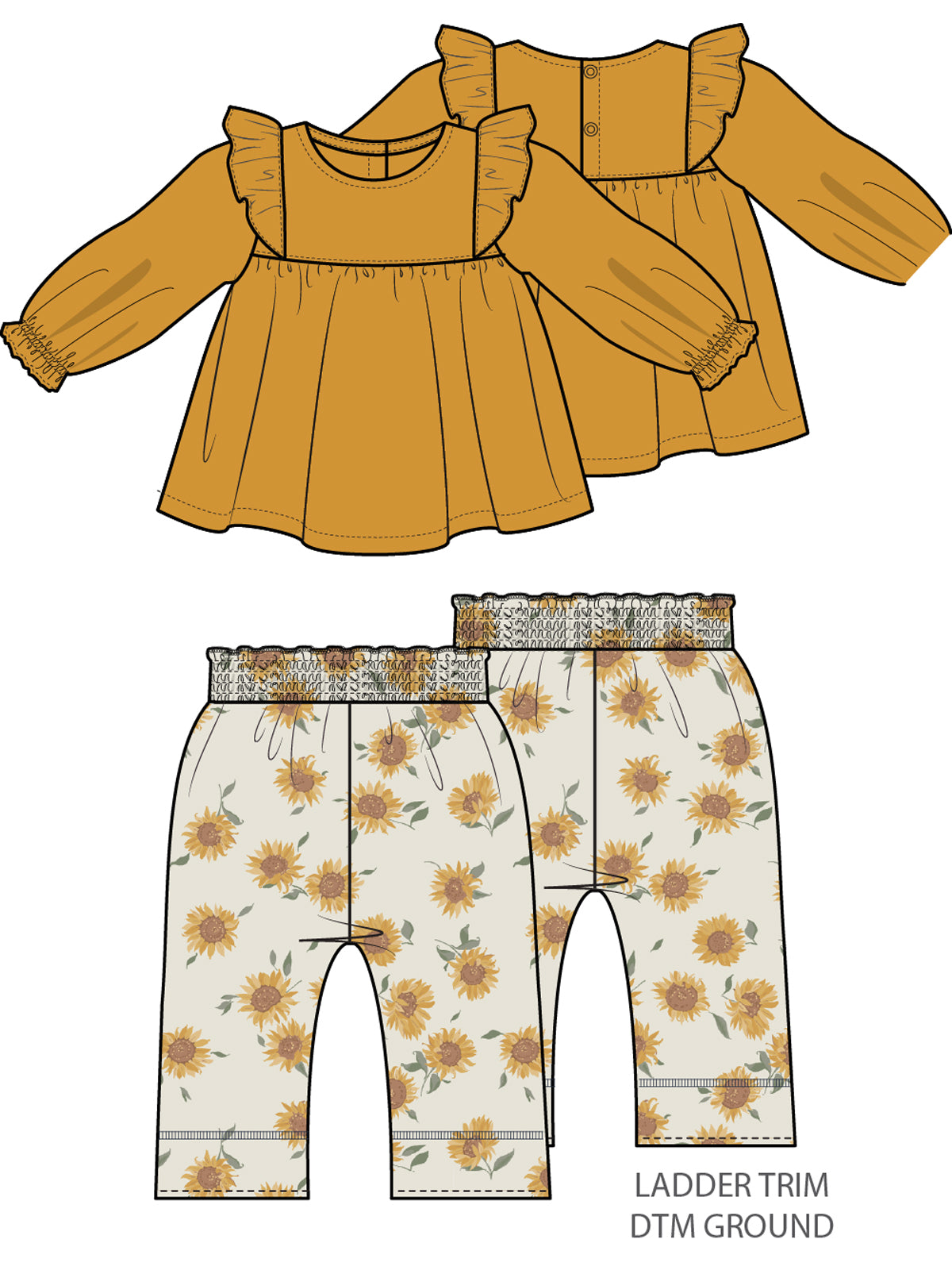Long Sleeve Ruffle Tunic & Smocked Waist Pant, Baby Sunflower