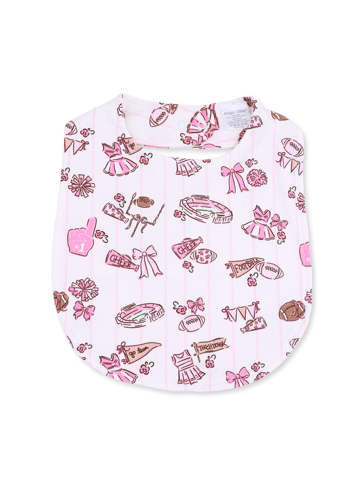 Pink baby bib with cheerleading and sports-themed illustrations, including pom-poms and footballs.