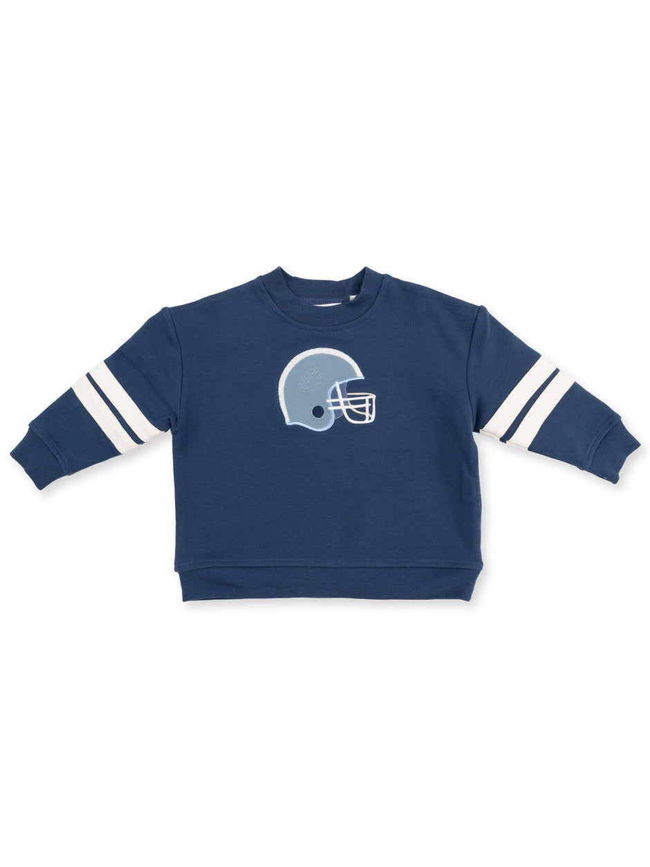 Navy blue sweatshirt with a football helmet graphic and striped sleeves. Designed for comfort and style.