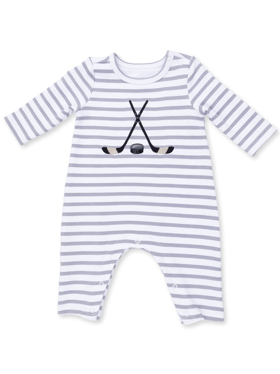 Striped infant onesie with hockey sticks and puck embroidery in gray and white colors.
