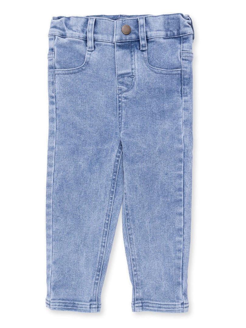 Light blue children's jeans with a classic five-pocket design and button closure.