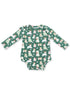 Green long-sleeve baby onesie featuring festive animals and snowmen pattern. Perfect for holiday wear.