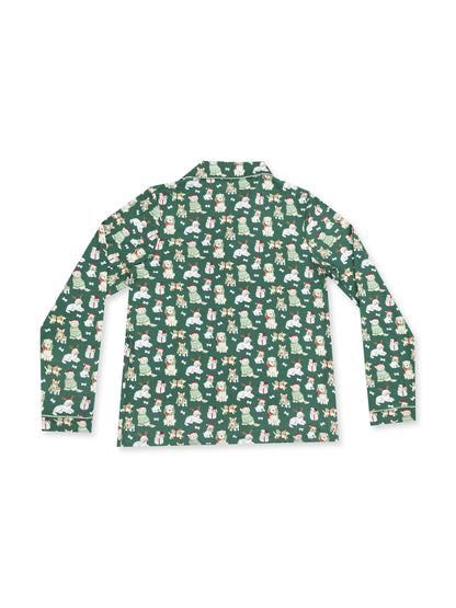 Green patterned shirt featuring whimsical holiday-themed designs of animals and gifts.