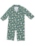 Green children's pajamas featuring playful dog graphics in festive attire. Perfect for cozy sleepwear.
