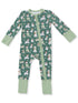 Green baby onesie with festive dog illustrations, featuring long sleeves and a front zipper.