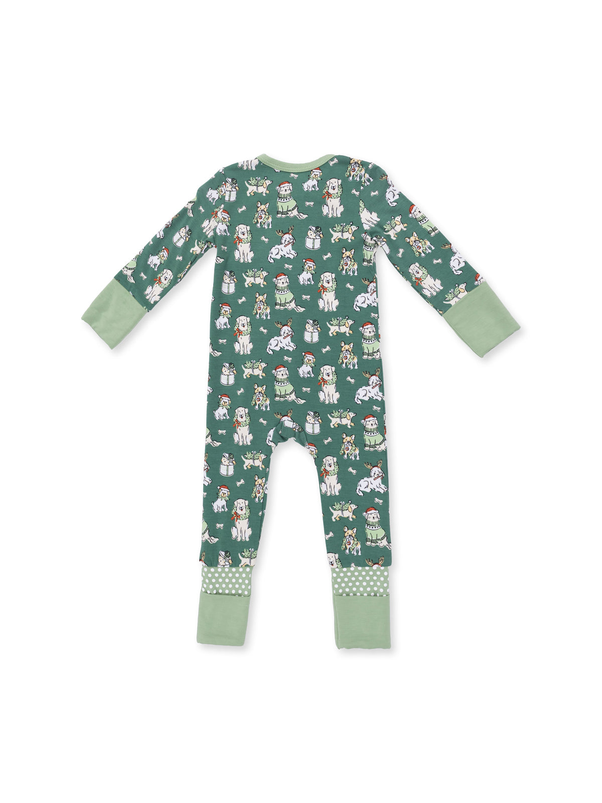 Green pajamas with playful animal patterns in festive attire. Long sleeves and polka dot trim at the ankles.