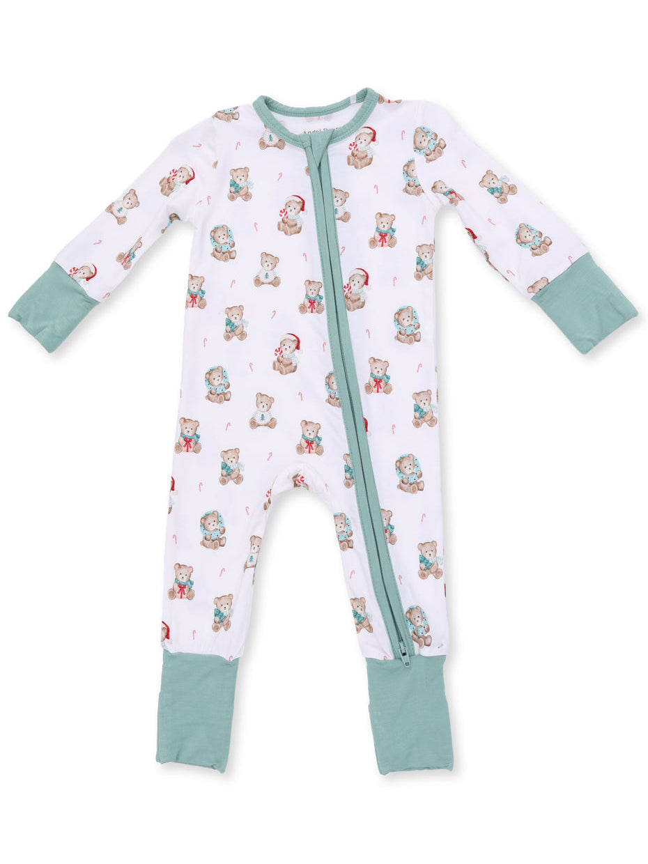 White baby onesie with teddy bear print and mint green cuffs, featuring a front zipper for easy dressing.
