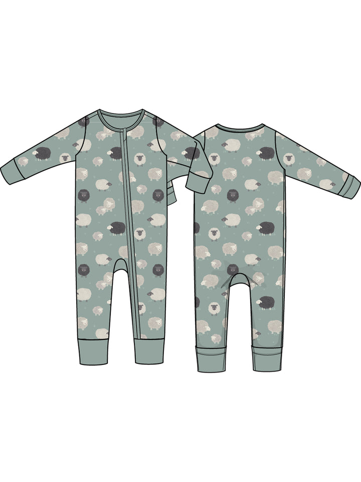 Cute children's onesie with sheep pattern, featuring zip front and long sleeves, shown from front and back.
