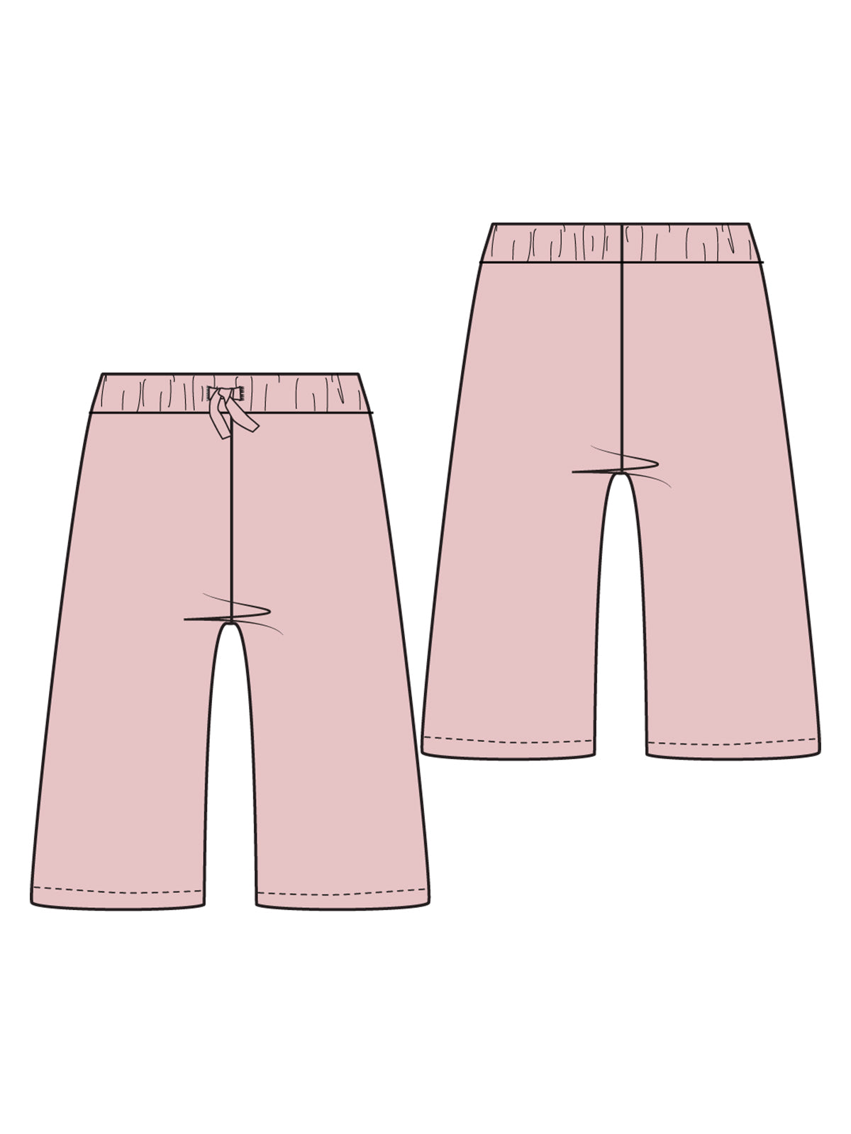 Illustration of pink shorts with an elastic waistband and drawstring, featuring front and back views.