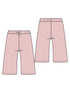 Illustration of pink shorts with an elastic waistband and drawstring, featuring front and back views.