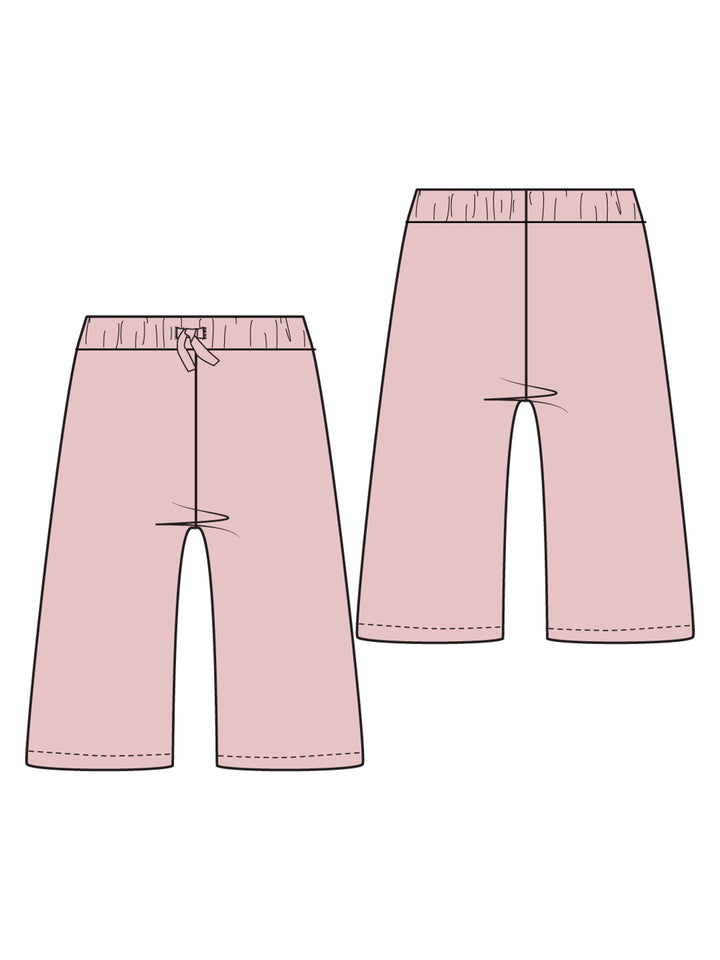 Illustration of pink shorts with an elastic waistband and drawstring, featuring front and back views.