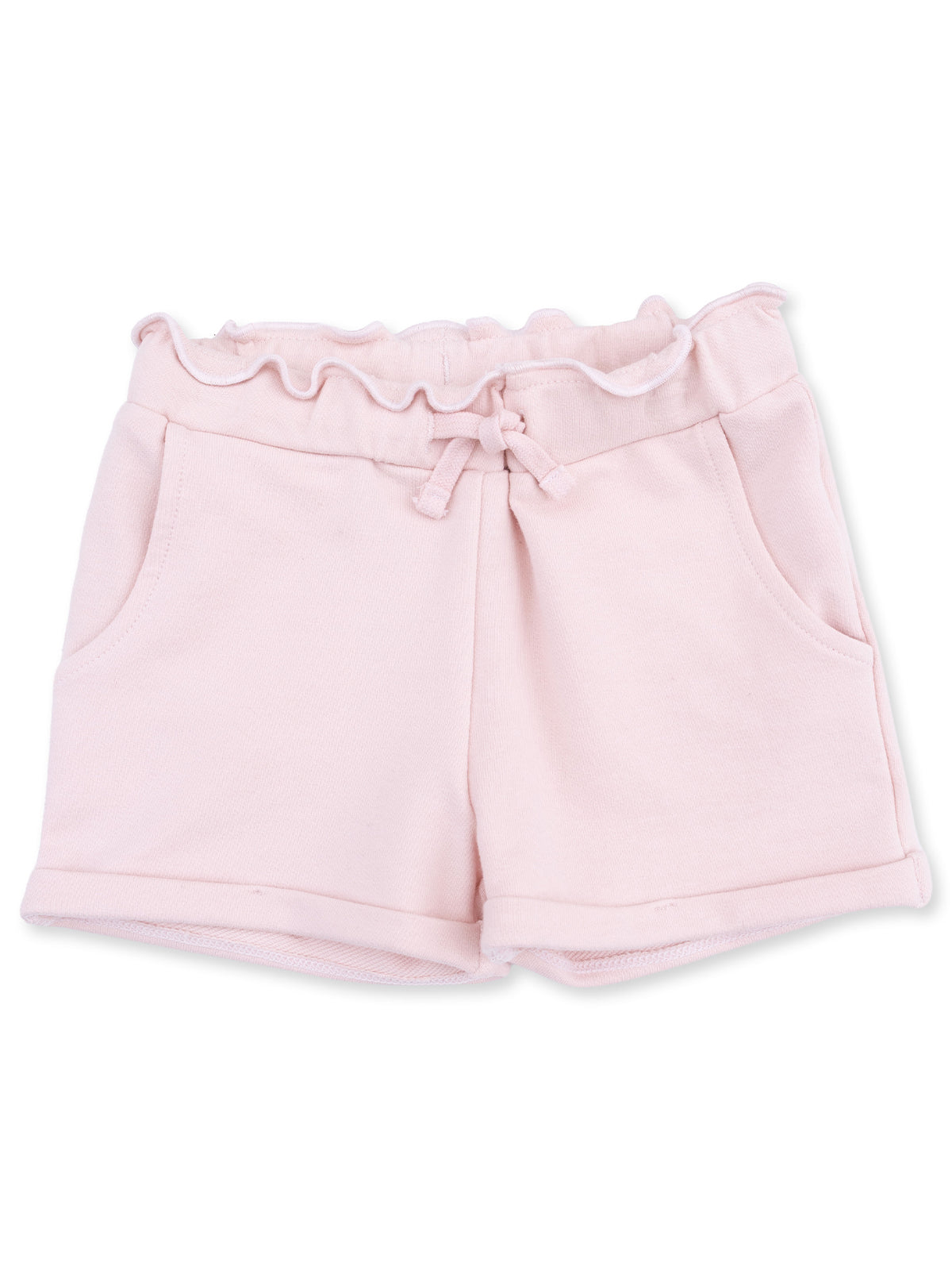 Light pink toddler shorts with ruffled waist and front pockets, made from soft cotton material.