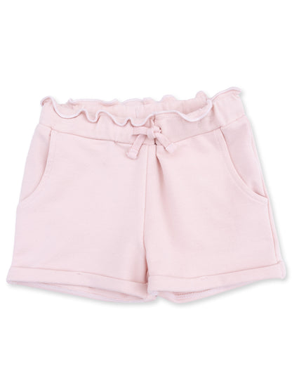 Light pink toddler shorts with ruffled waist and front pockets, made from soft cotton material.