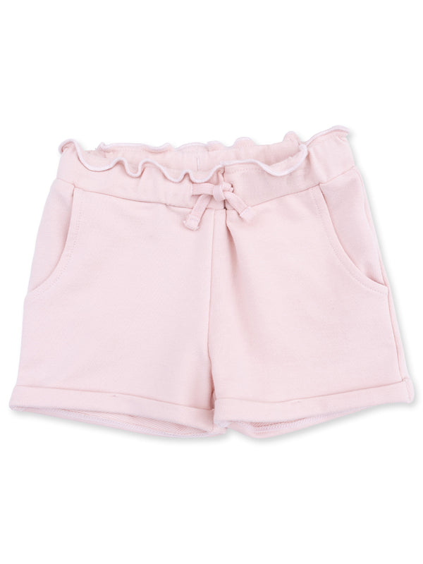 Light pink toddler shorts with ruffled waist and front pockets, made from soft cotton material.