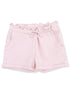 Light pink toddler shorts with ruffled waist and front pockets, made from soft cotton material.