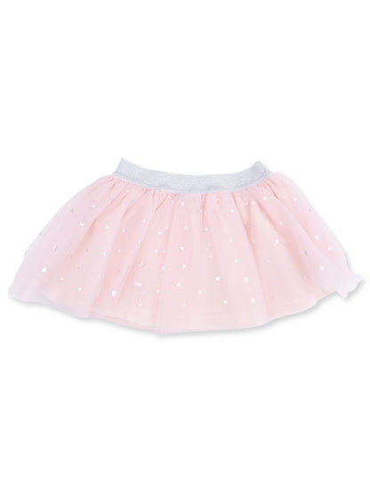 Pink tutu skirt with silver star embellishments and a soft elastic waistband. Ideal for playful outfits.